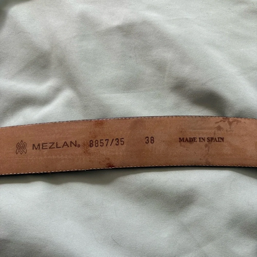Mezlan Brown Leather Belt Brogue Perforated Patina Silver Buckle Spain